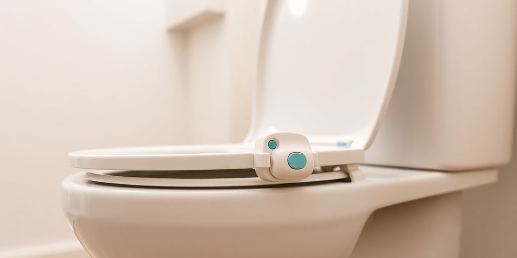 Secured toilet lid preventing child access.