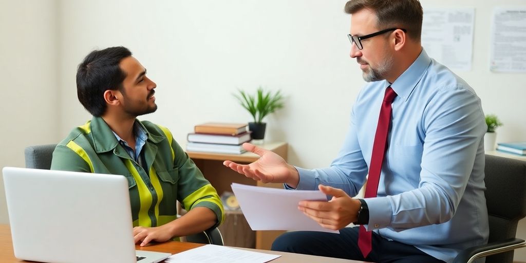 Lawyer consulting with a worker in an office.