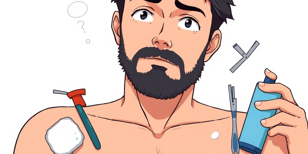 Anime man pondering chest shaving with grooming tools.
