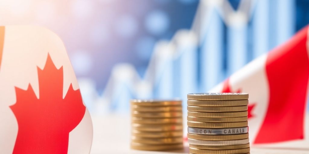 Canadian flag, maple leaves, coin stack, abstract economic symbols.