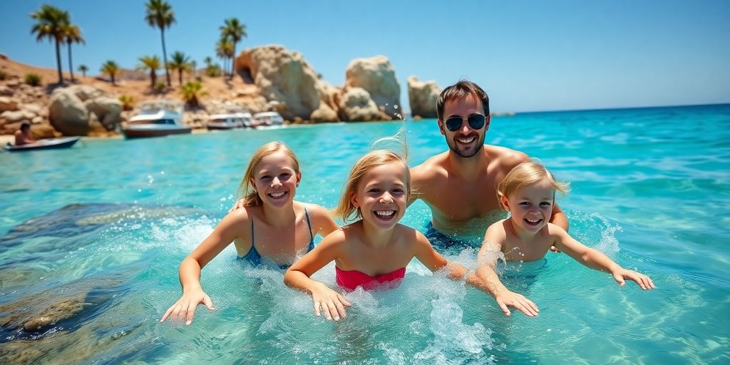 Family splashing in clear Cabo San Lucas ocean water.