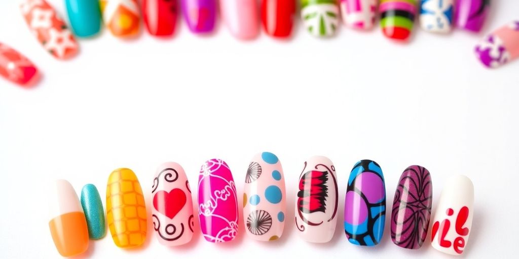 Colorful press-on nails in various stylish designs.