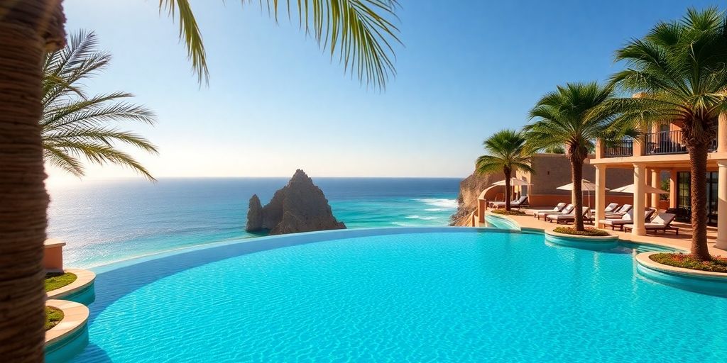 Luxury resort pool overlooking Cabo San Lucas coastline.