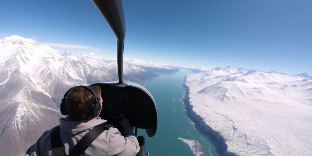 A pilot flying a helicopter over snowy Alaskan peaks.
