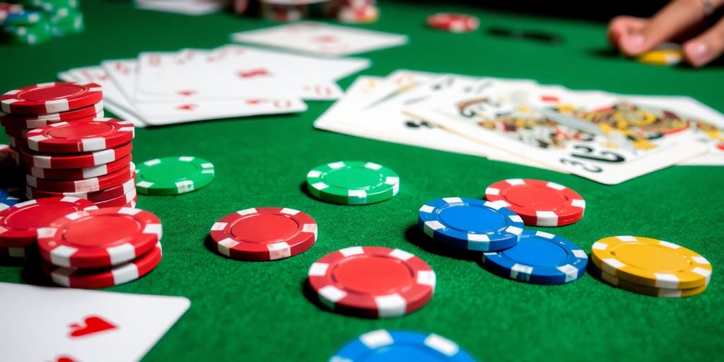 Poker cards fanned out, chips scattered on green felt.