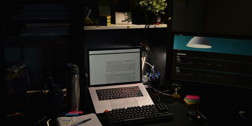 a laptop sits on a desk
