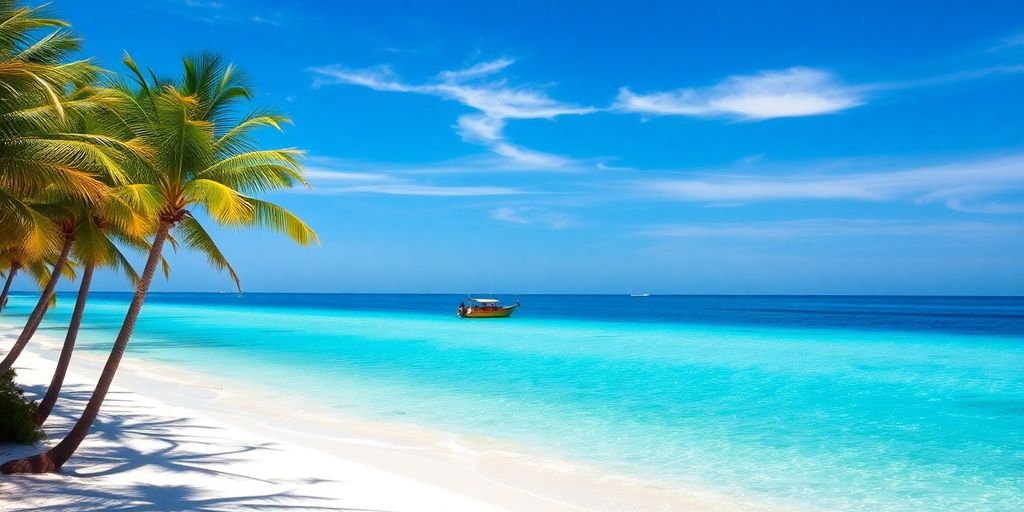 White sand beach, palm trees, clear turquoise water.