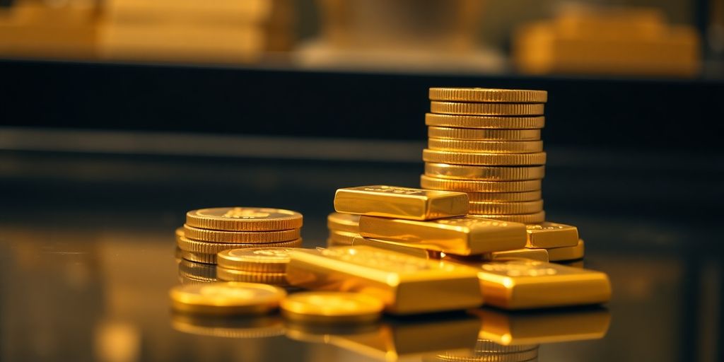 Pièces et lingots d'or empilés sur une surface sombre.