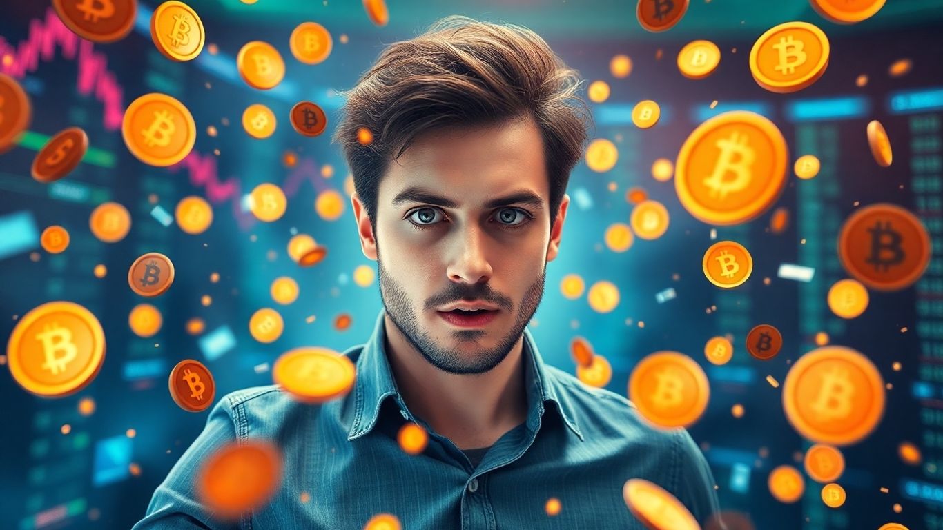 Digital currency elements swirling around a focused individual.