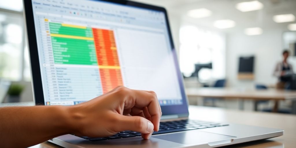 Laptop with financial data on screen.