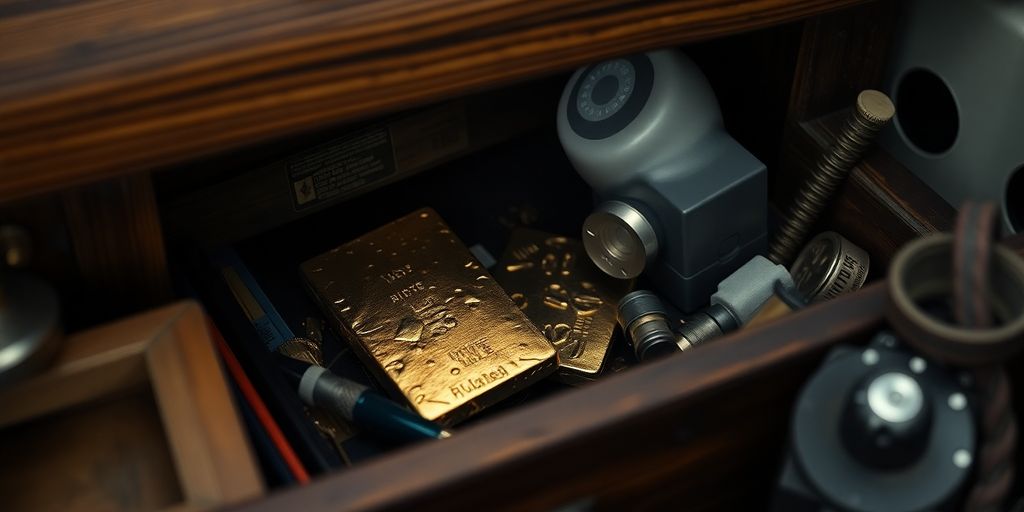 Lingot d'or caché dans un coffre en bois.