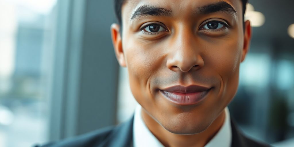 Professional standing confidently in front of a modern office building.