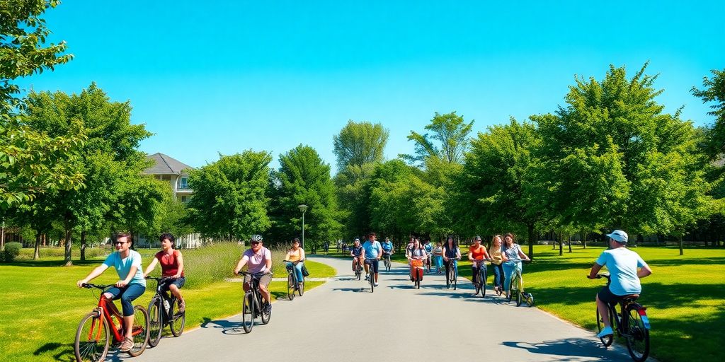 Bicycle, scooter and pedestrians on a greenway