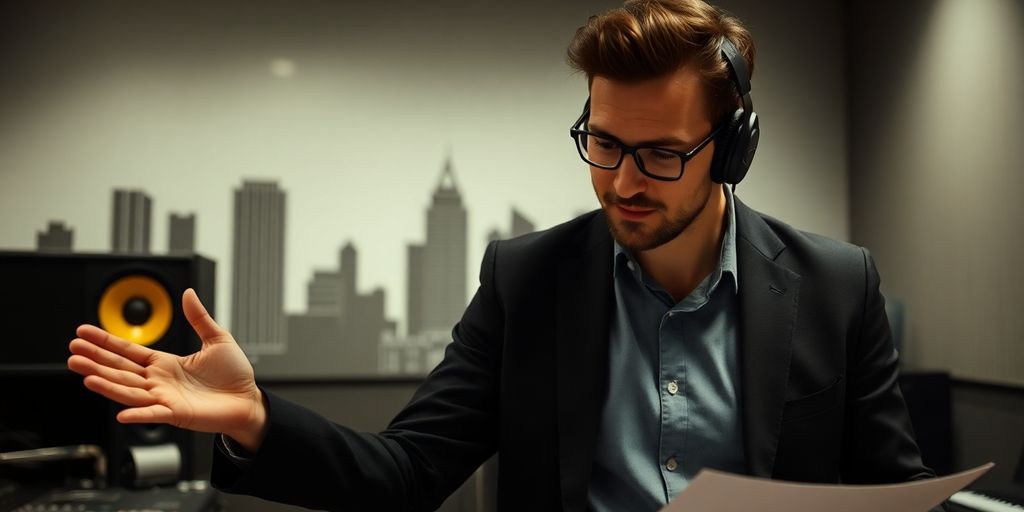 Professional in music industry office with Nashville backdrop