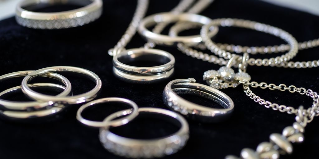 Bijoux en argent et or sur tissu sombre.