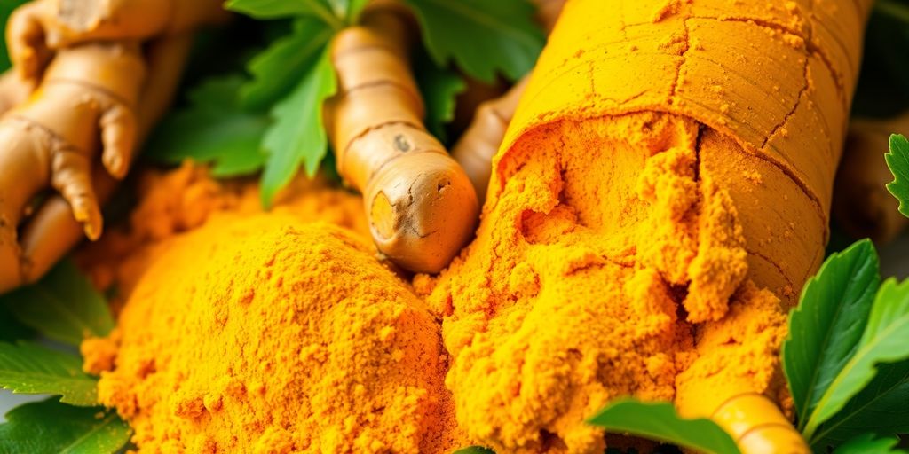 Fresh turmeric roots and golden powder with green leaves.