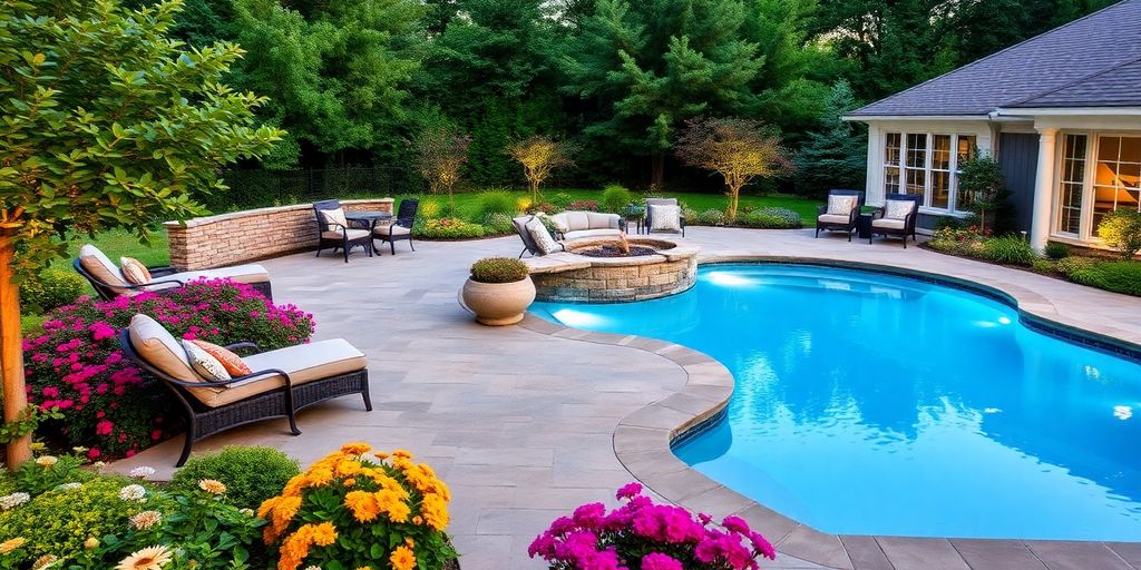 Quintal sofisticado com piscina e paisagismo exuberante.