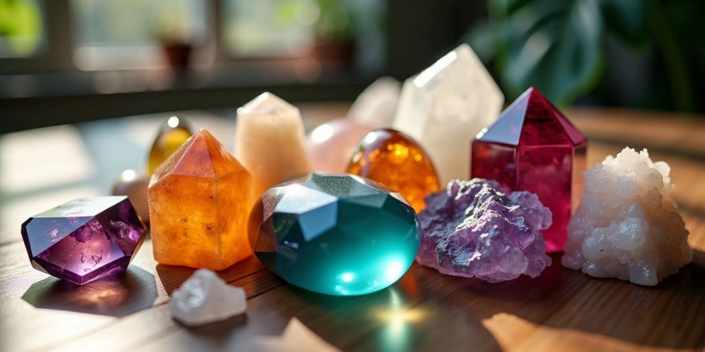 Cristalli colorati su un tavolo di legno
