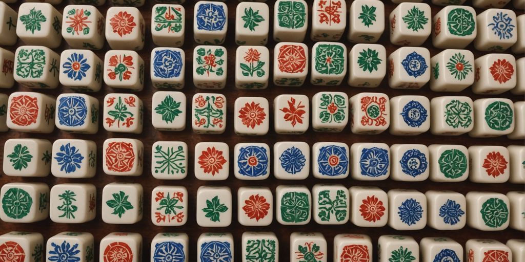 Colorful unique Mahjong tiles on a wooden table.