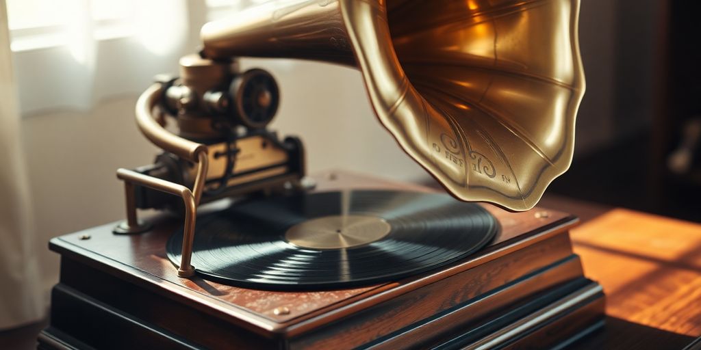 Vintage phonograph with a large horn on a wooden table.