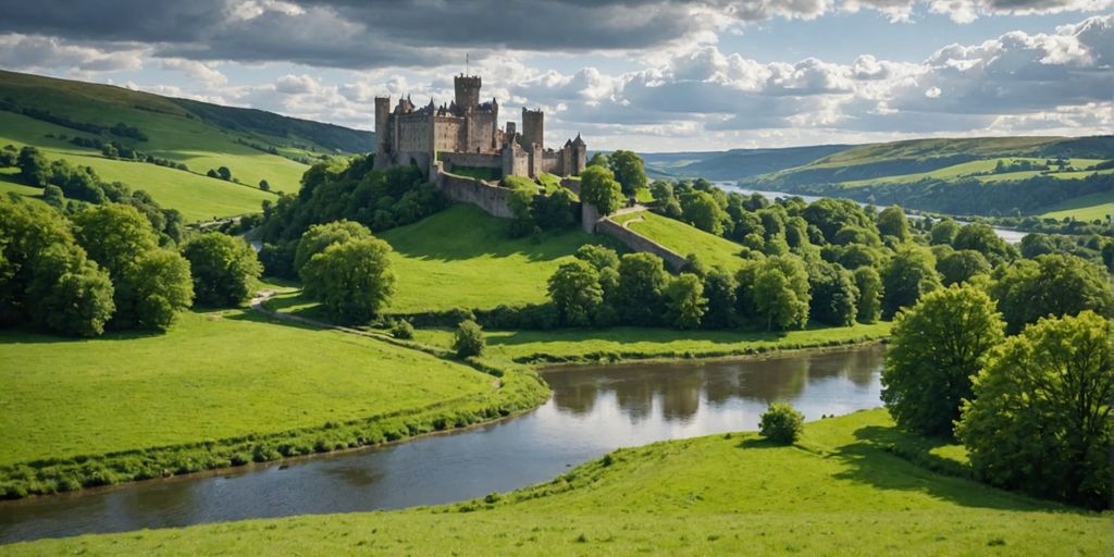 Historic castle on a green hill by a river