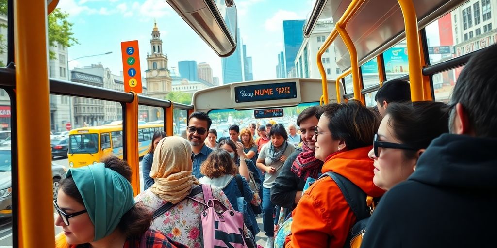 Crowded city bus filled with diverse travelers in motion.