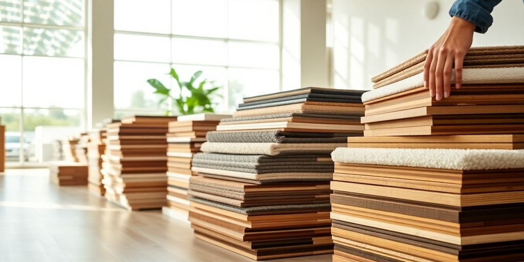 Wide shot of various discount flooring samples.