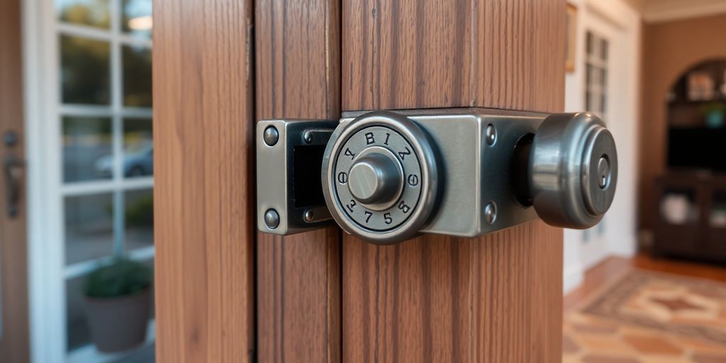 Close-up of a secure mortise lock on a door.