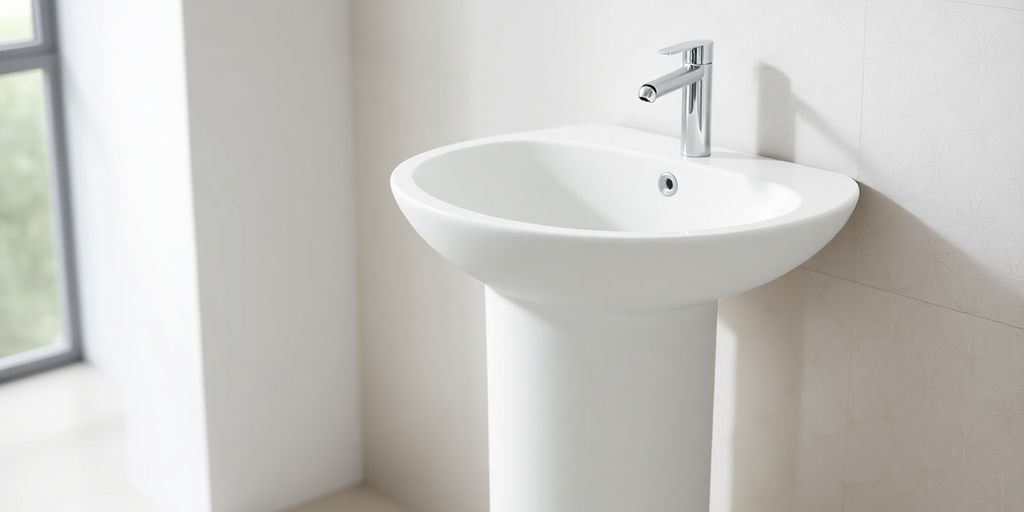 Pedestal washbasin in modern bathroom. Close-up.