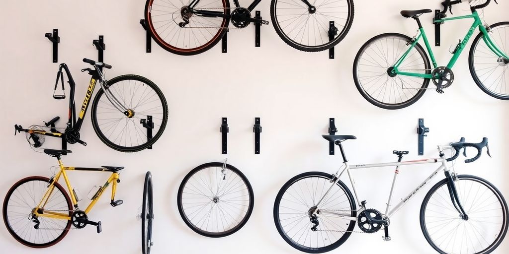 Bicycle wall clips displaying bikes on a stylish wall.