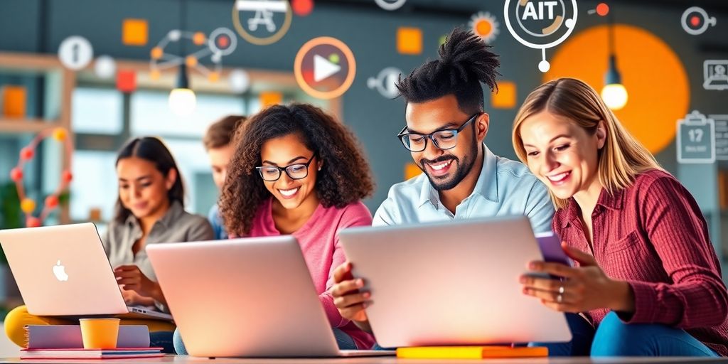 People learning ecommerce on laptops and digital devices.