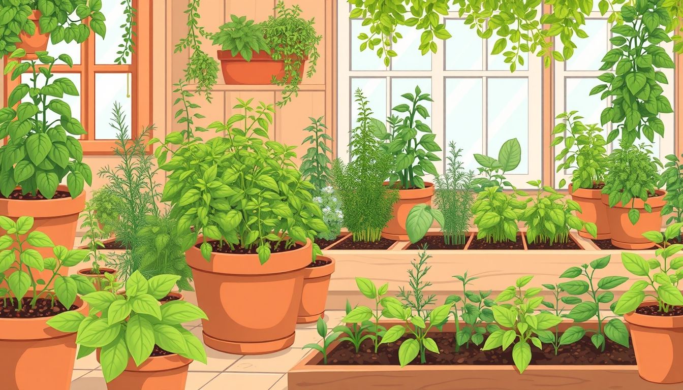 Lush herb garden with various herbs in pots and beds