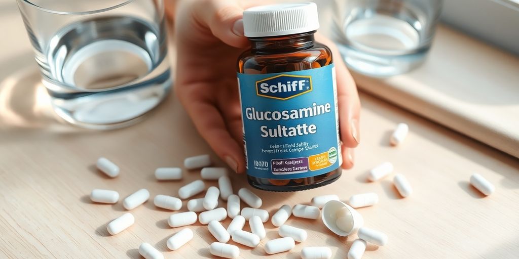 Hand holding Schiff Glucosamine Sulfate bottle with scattered white capsules.
