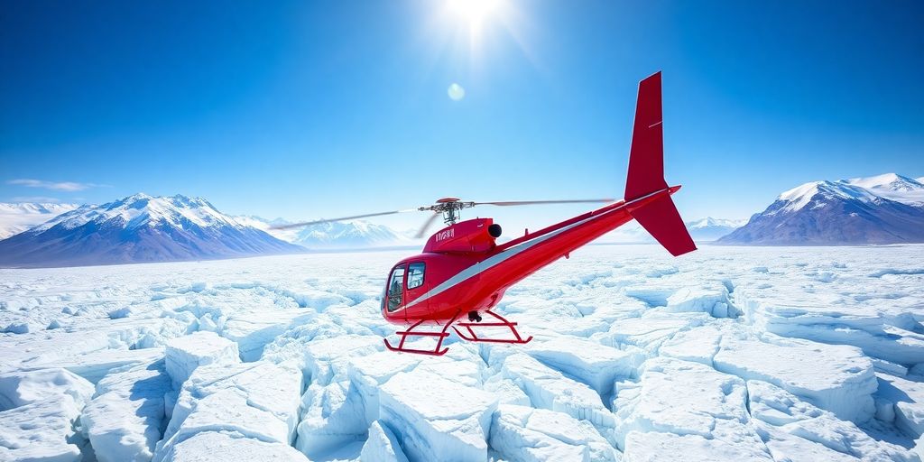A red helicopter flies over a vast Alaskan glacier.