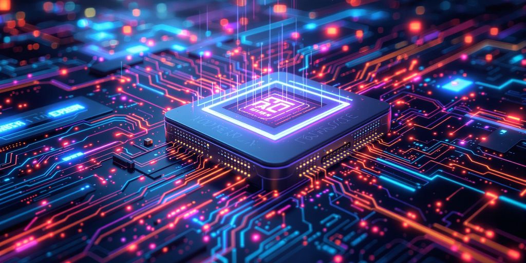 Futuristic quantum computer surrounded by AI imagery.