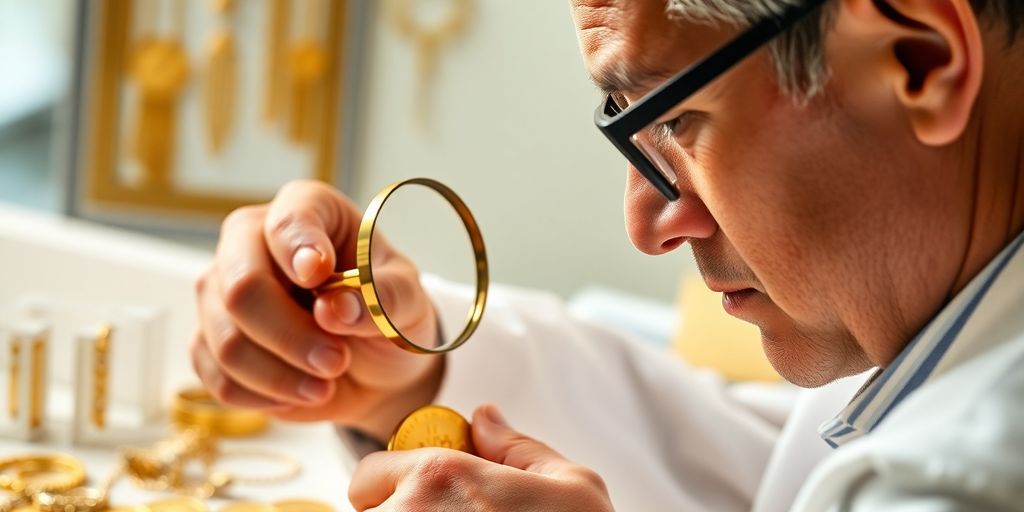 Expertise sur l'or avec une loupe et des bijoux.
