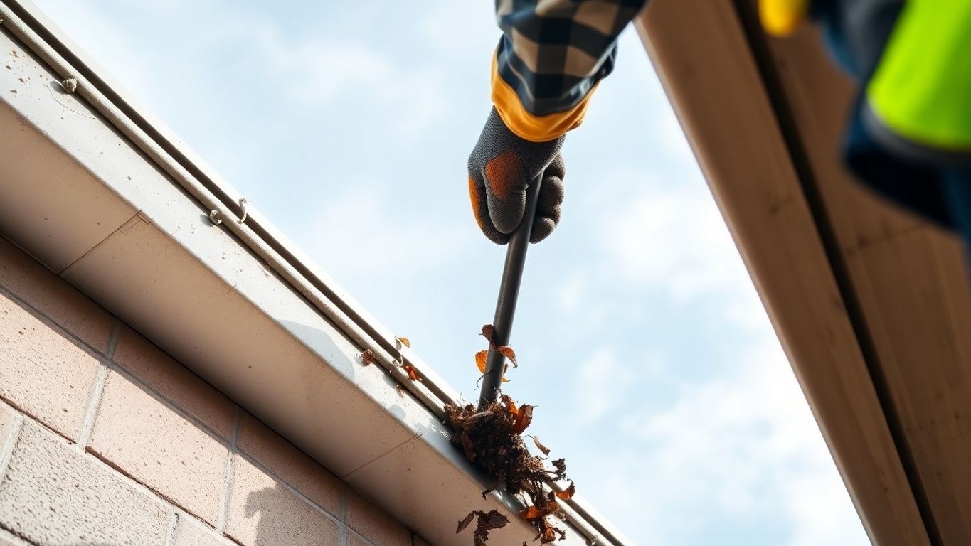 Ouvrier nettoyant les gouttières d'un bâtiment commercial