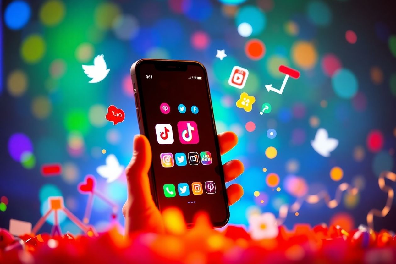 Smartphone with TikTok icons and colorful digital visuals.