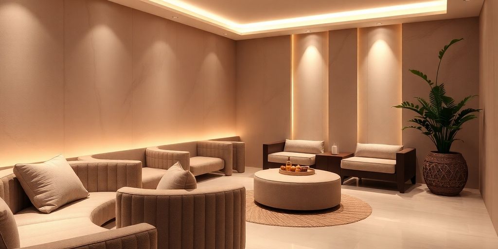 Elegant spa room with plush seating.