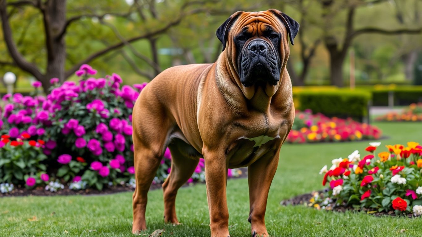 A strong Mastiff in a green park setting.