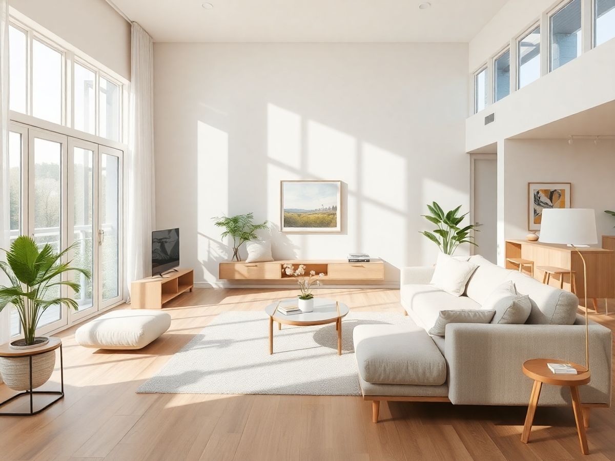 Interior modern cu nuanțe de bej și lemn.