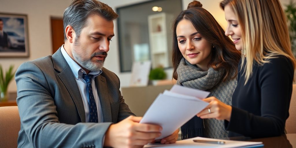 Broker assisting a client with vehicle insurance paperwork.