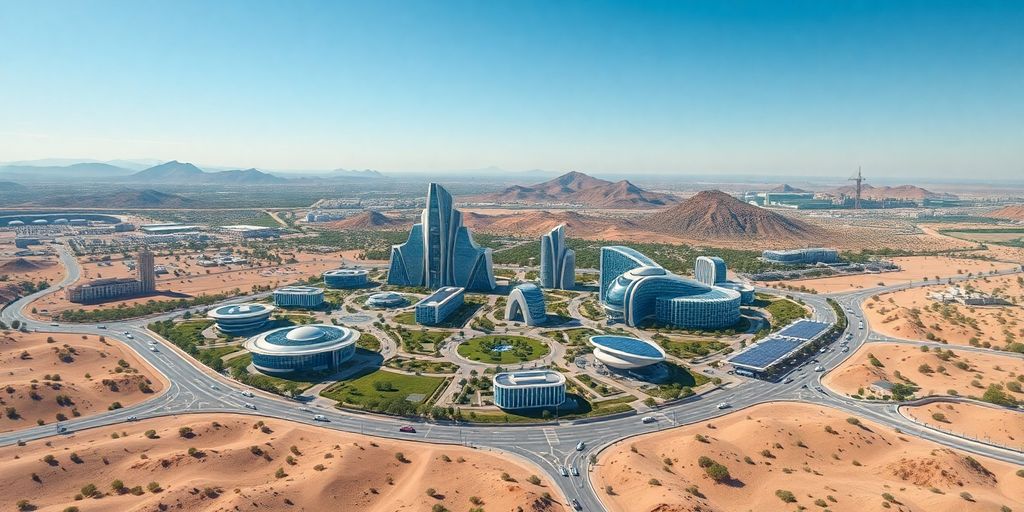 Aerial view of a modern smart city in the desert.