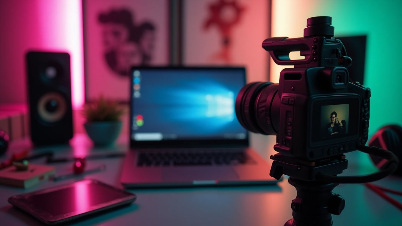 Workspace with laptop and creative tools for video production.