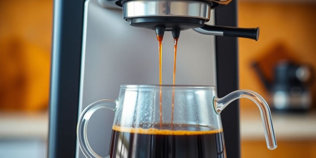 Batch brew coffee machine pouring into a glass caraffe.