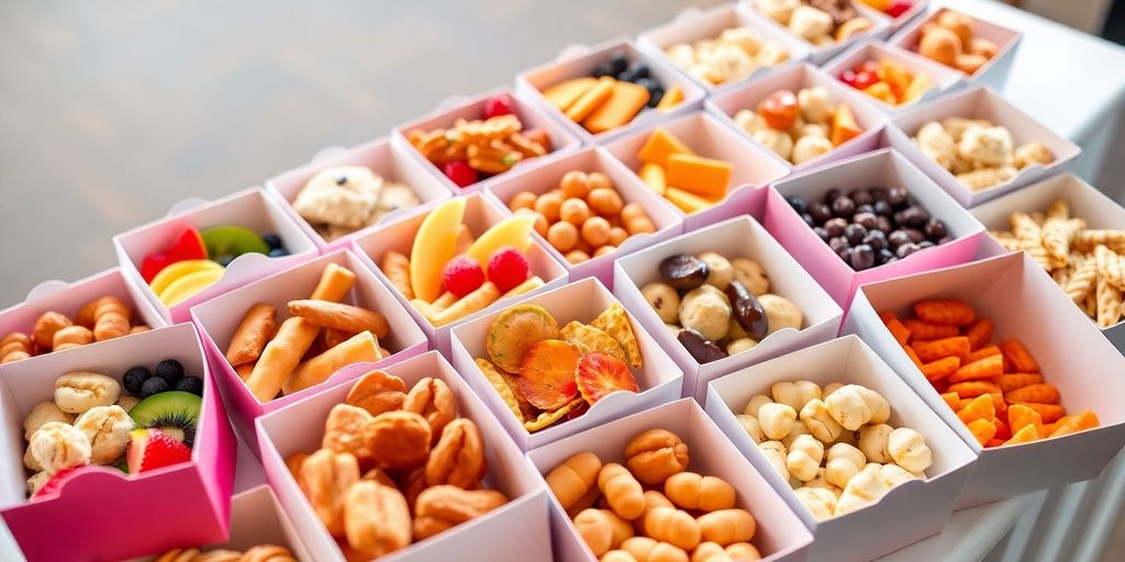 กล่องขนมหลากหลายชนิดบนโต๊ะจัดงาน