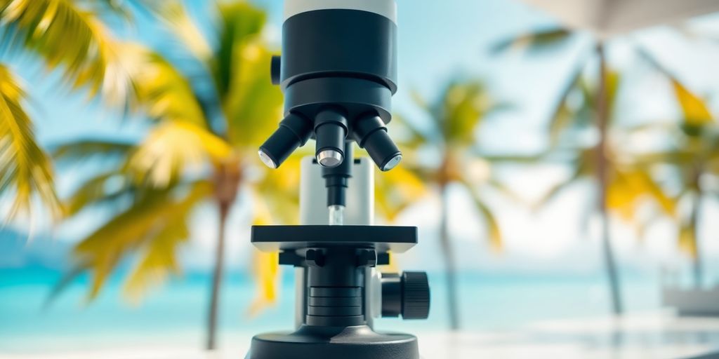 Microscope, lab, Koh Samui background.
