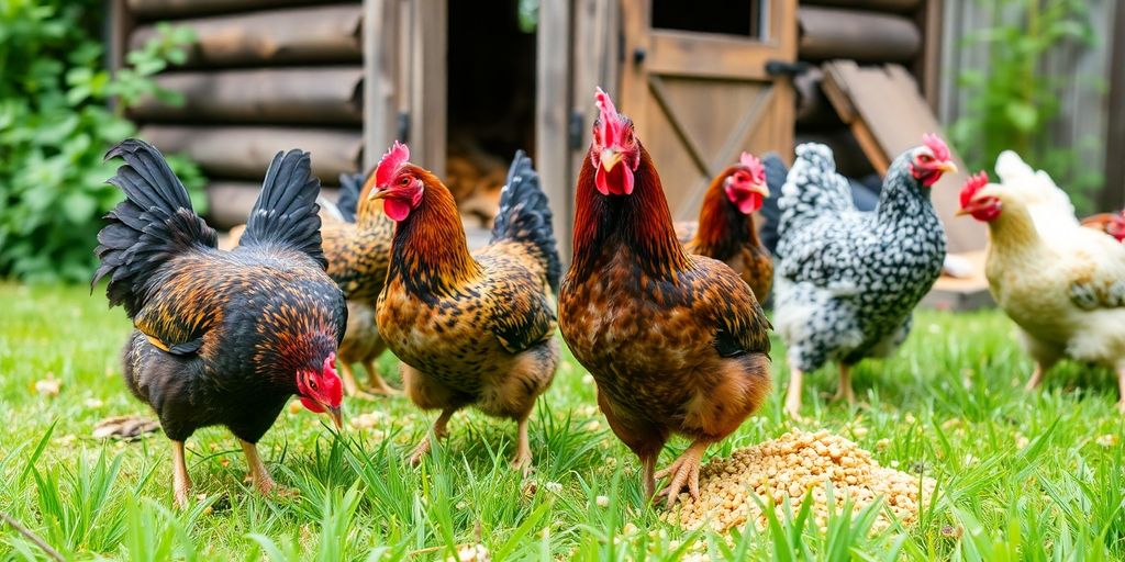 Chickens foraging in a green backyard for sustainable feed.