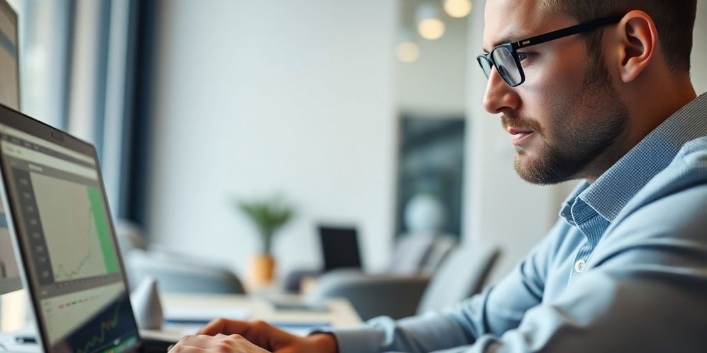 Trader focused on options trading in a modern office.