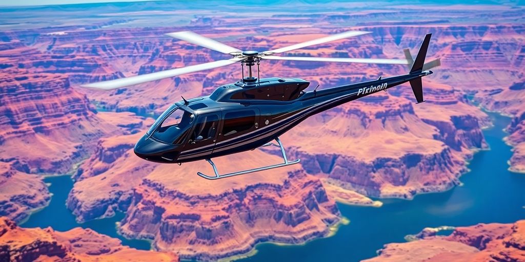 A modern helicopter flying over the majestic Grand Canyon.